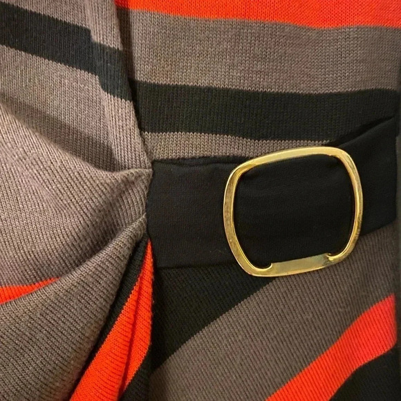 TAHARI ARTHUR S. L DRESS BLACK ORANGE BROWN STRIPED SIZE 12 SIDE BUCKLE ACCENT - Picture 5 of 7